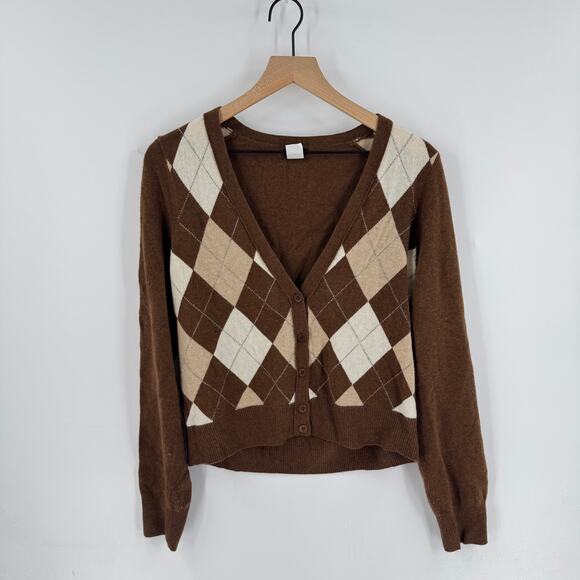 J.Crew Y2K Argyle Wool Cashmere Cardigan Brown Beige Preppy Sweater Size L - Picture 1 of 5